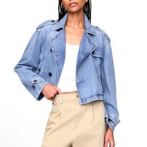 Light Blue Denim Cropped Trench Jacket - Women